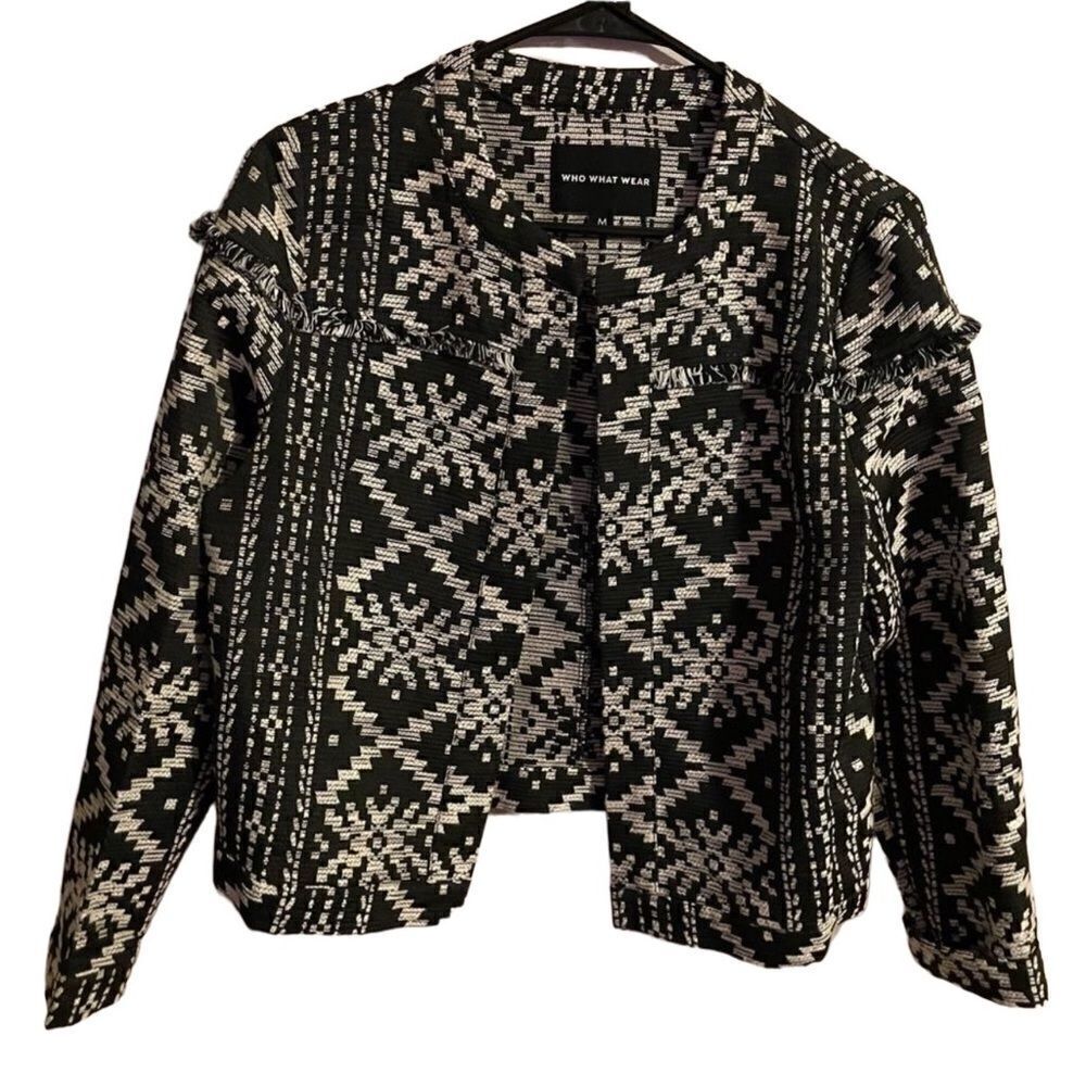Who What Wear Black & White Patterned Fringe Trim Jacket Medium
